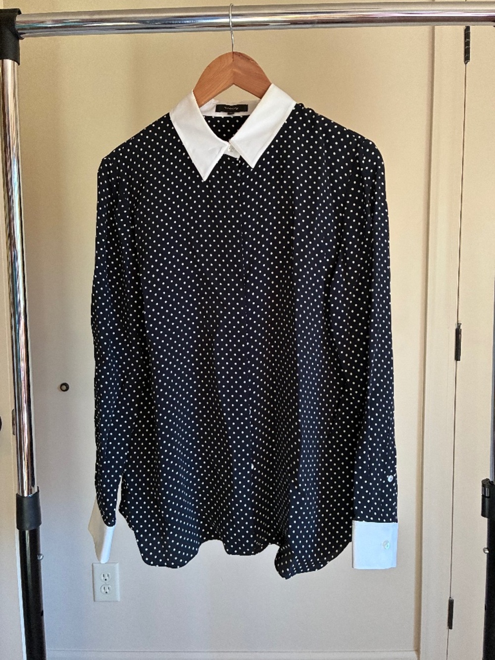 Theory Black and White Contrast Straight Shirt in Polka Dot Crepe